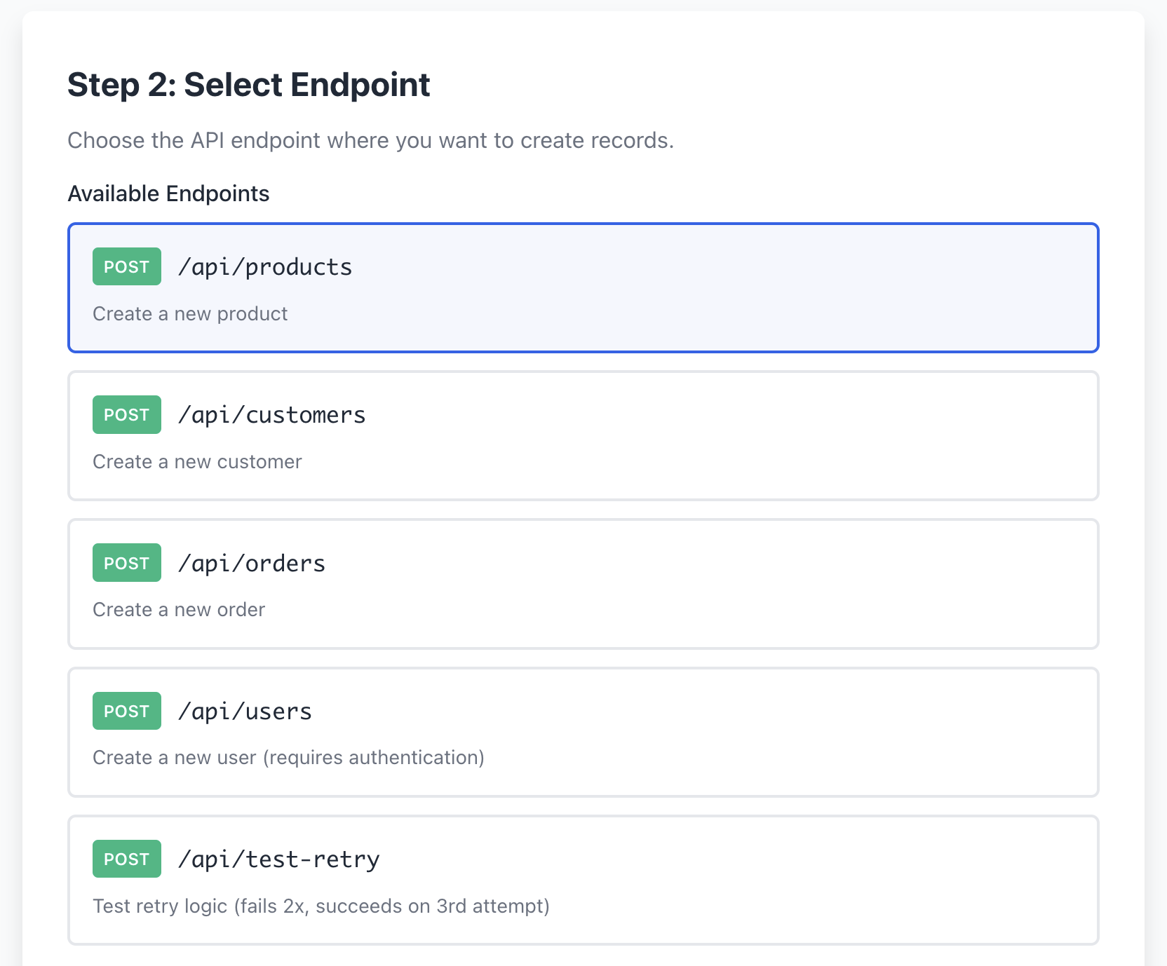 CSVImport API endpoint selection interface showing POST /products endpoint with OpenAPI specification