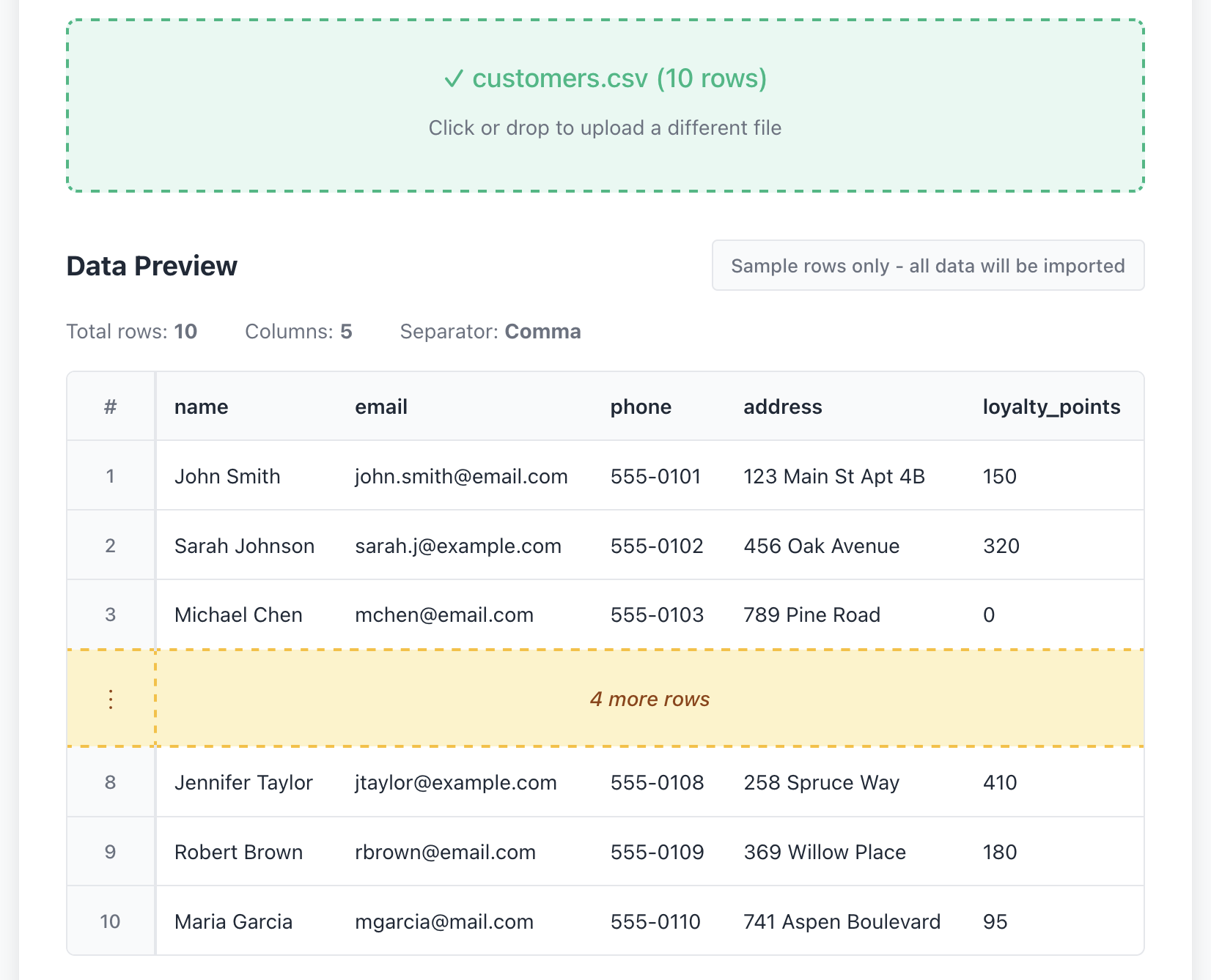 CSV import tool detecting semantic mismatch between customer data and product API endpoint