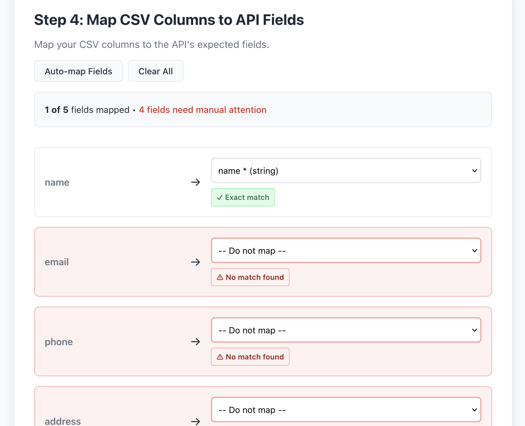 Smart field mapping interface with red warning indicators for unmapped required API fields and semantic validation