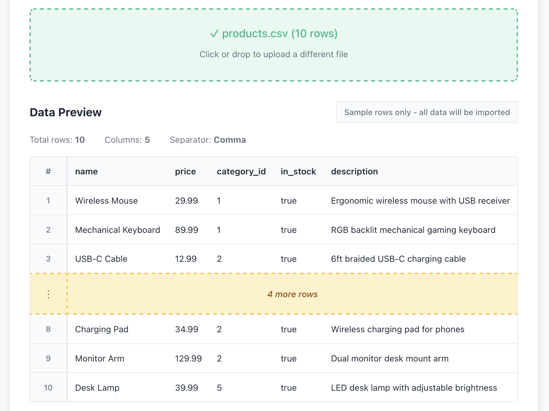 CSV file upload interface showing products.csv with matching column names for API import