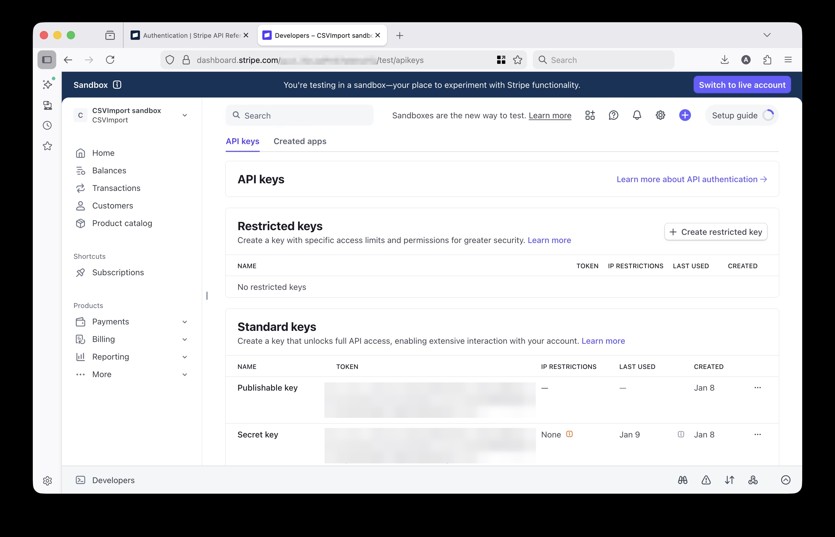 Stripe Dashboard showing where to find API keys under Developers section