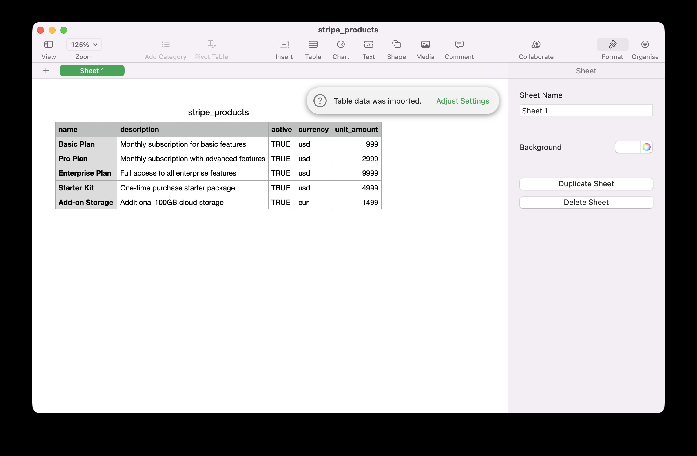 CSV file open in a spreadsheet showing product data with columns for name, description, price, and currency