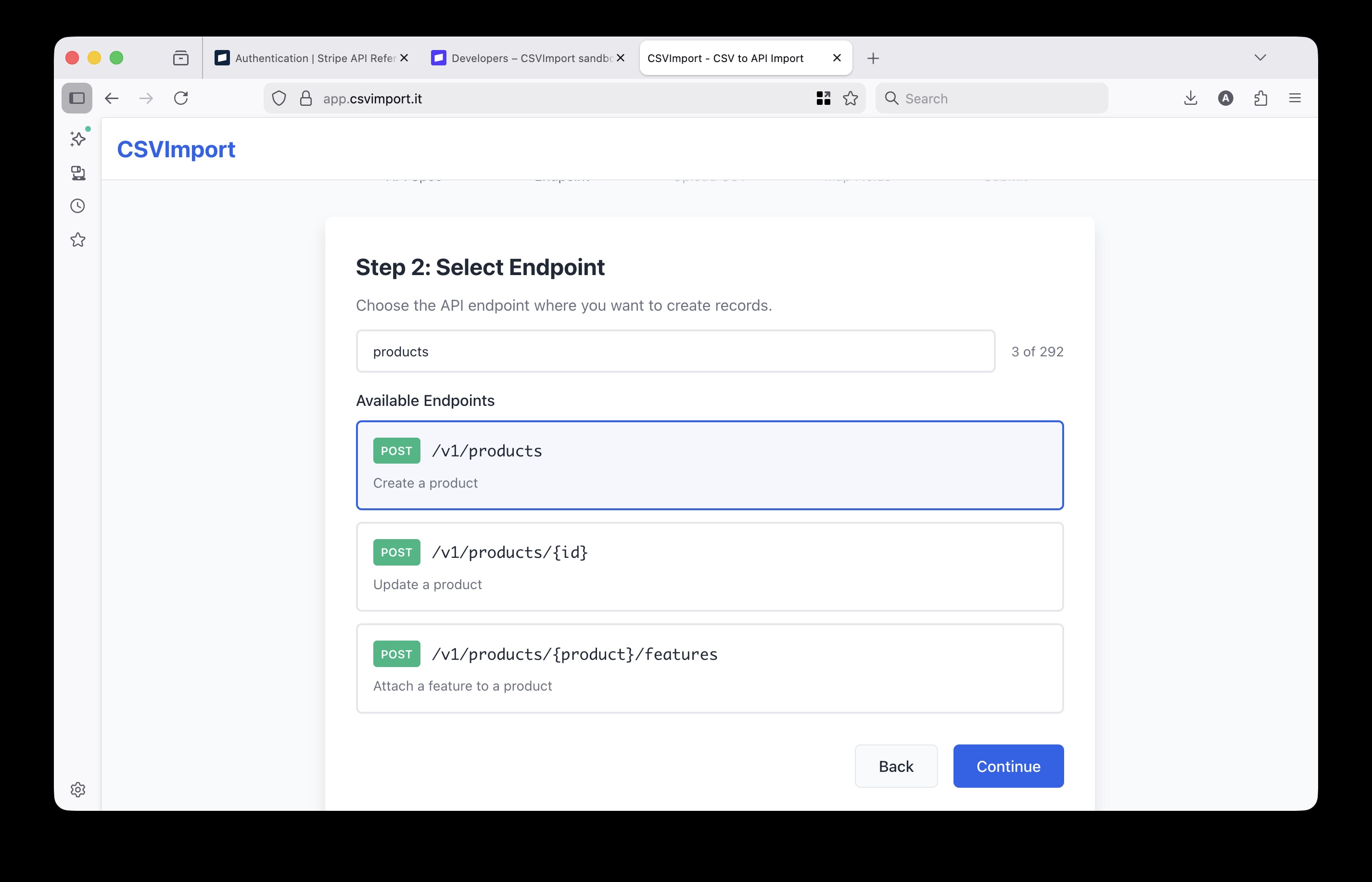 CSVImport endpoint selection screen showing POST /v1/products endpoint highlighted