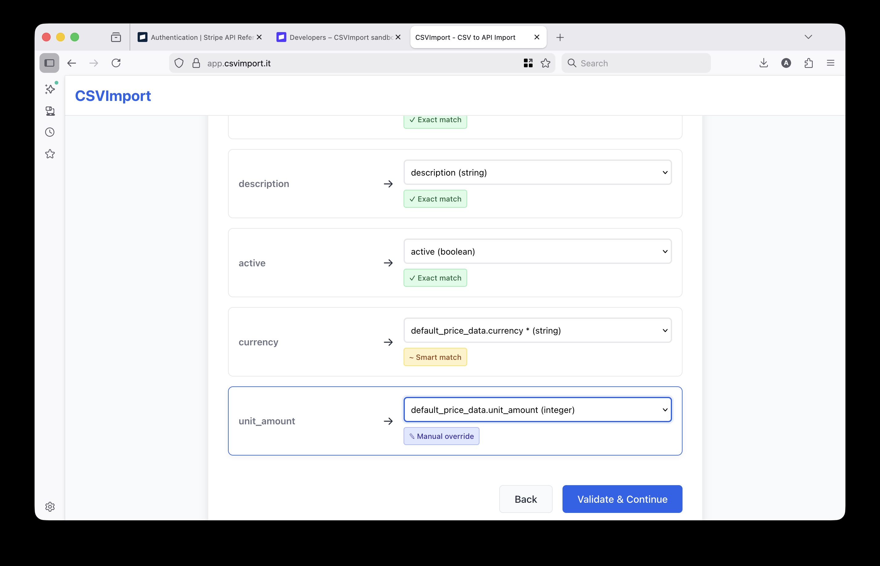 CSVImport field mapping interface showing CSV columns mapped to Stripe API fields with smart matching
