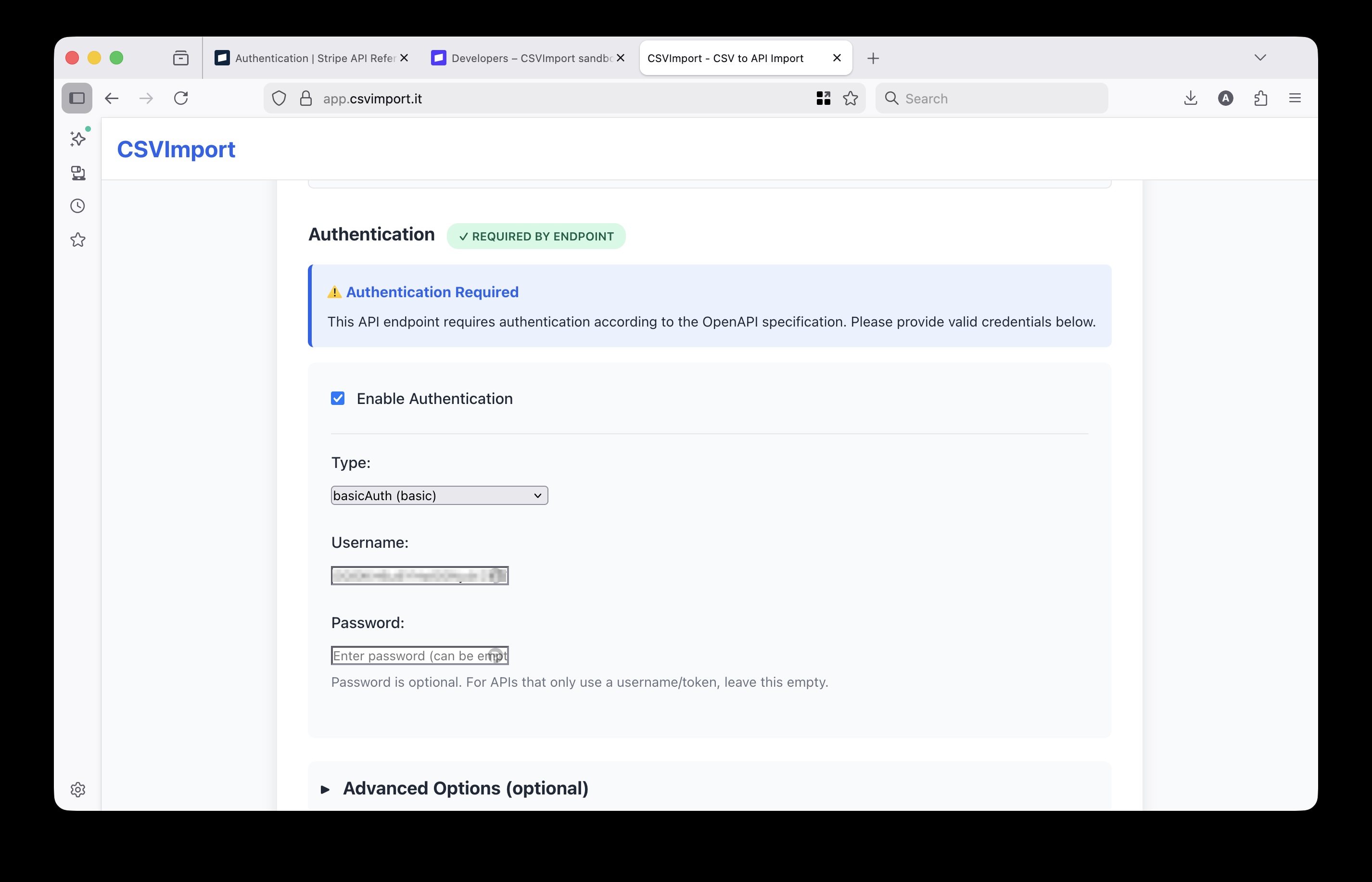 CSVImport authentication configuration showing Basic Auth setup for Stripe