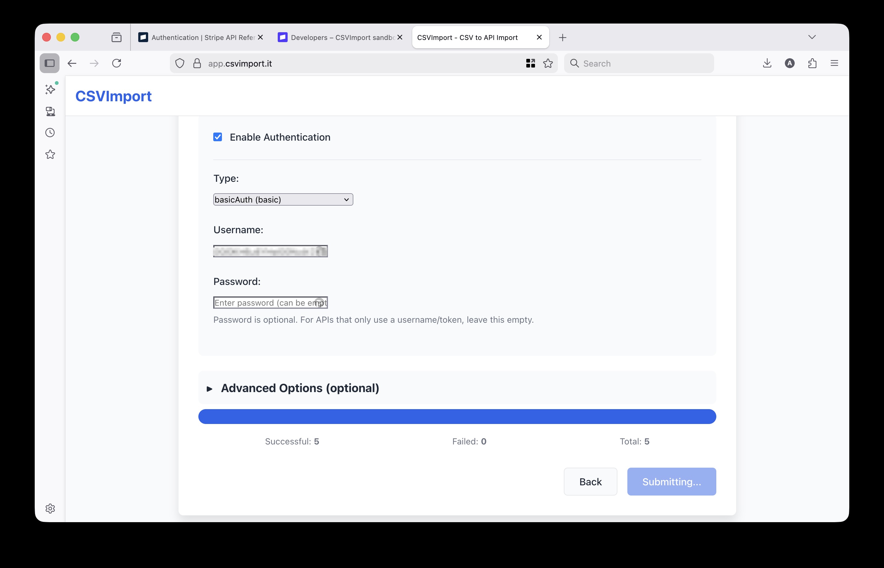 CSVImport progress screen showing real-time import progress with a progress bar