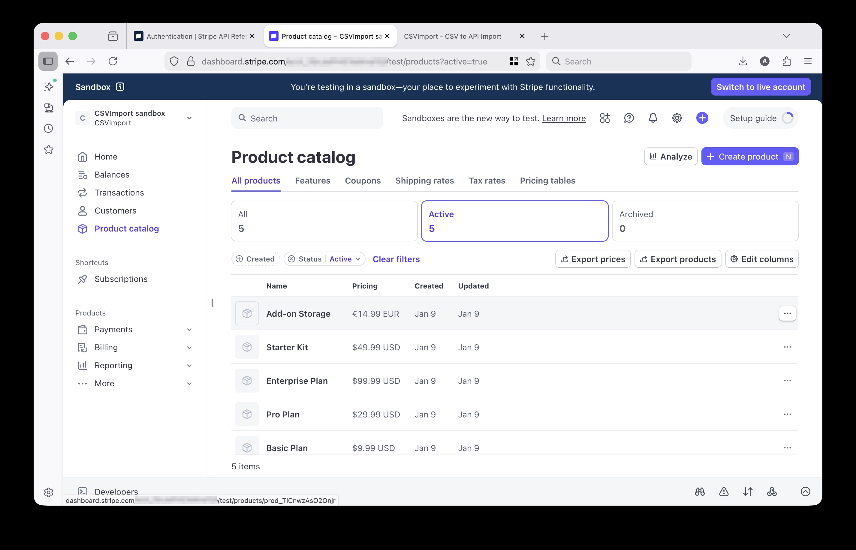 Stripe Dashboard showing the imported products in the product catalog