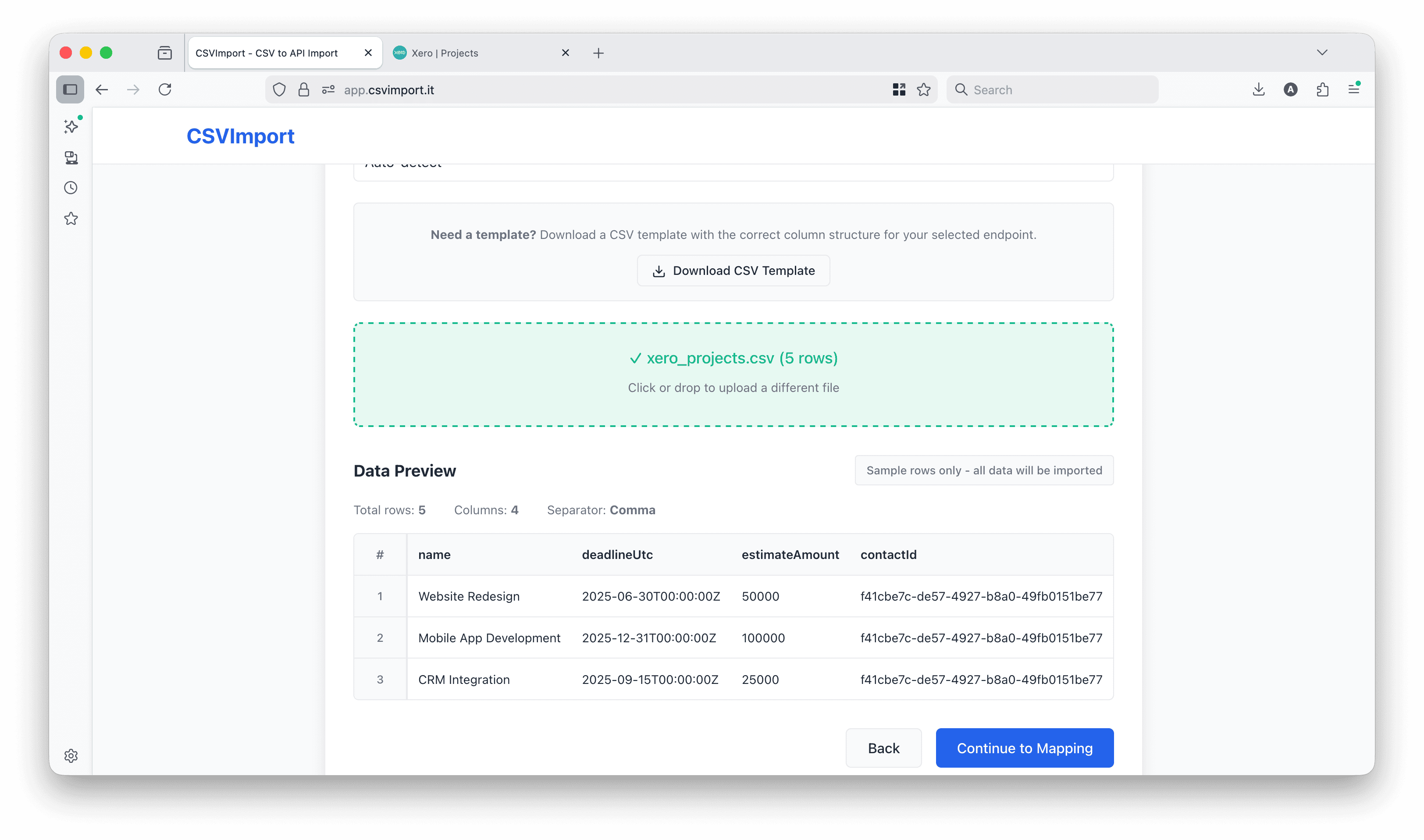 CSV upload with smart preview showing first and last rows