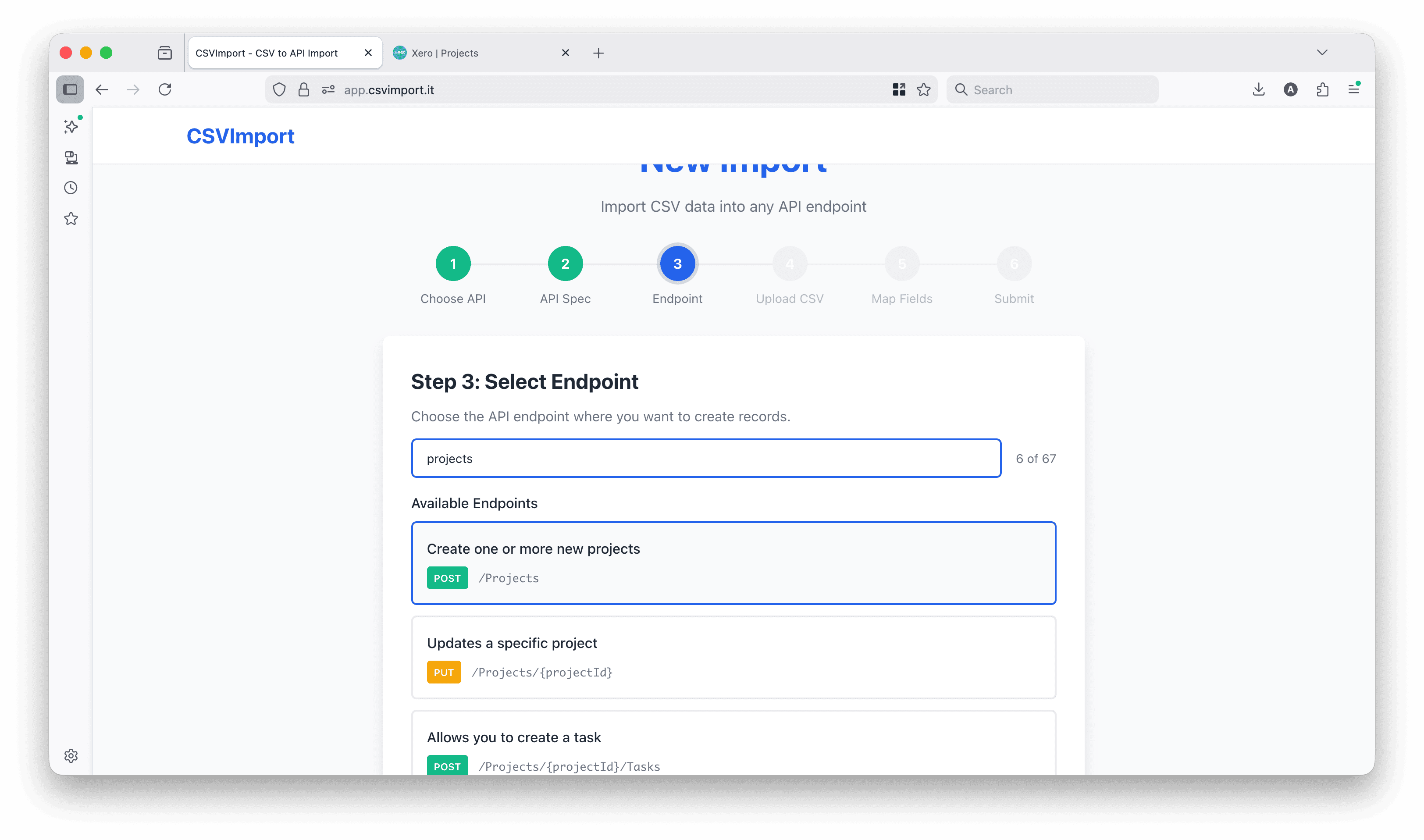 CSVImport endpoint selection showing POST /projects/{projectId} endpoint highlighted