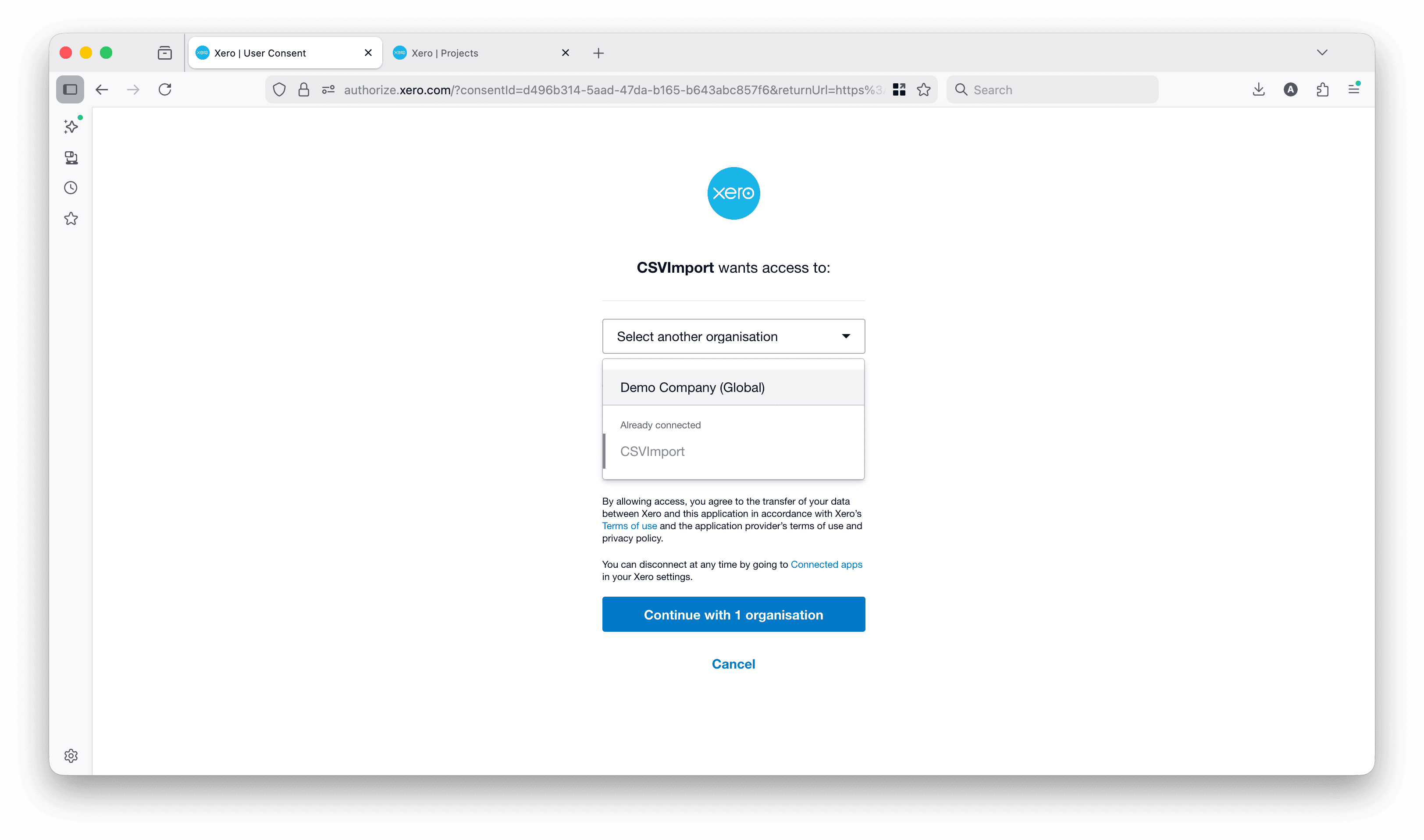 Xero OAuth authorization screen asking to allow CSVImport to access Xero data