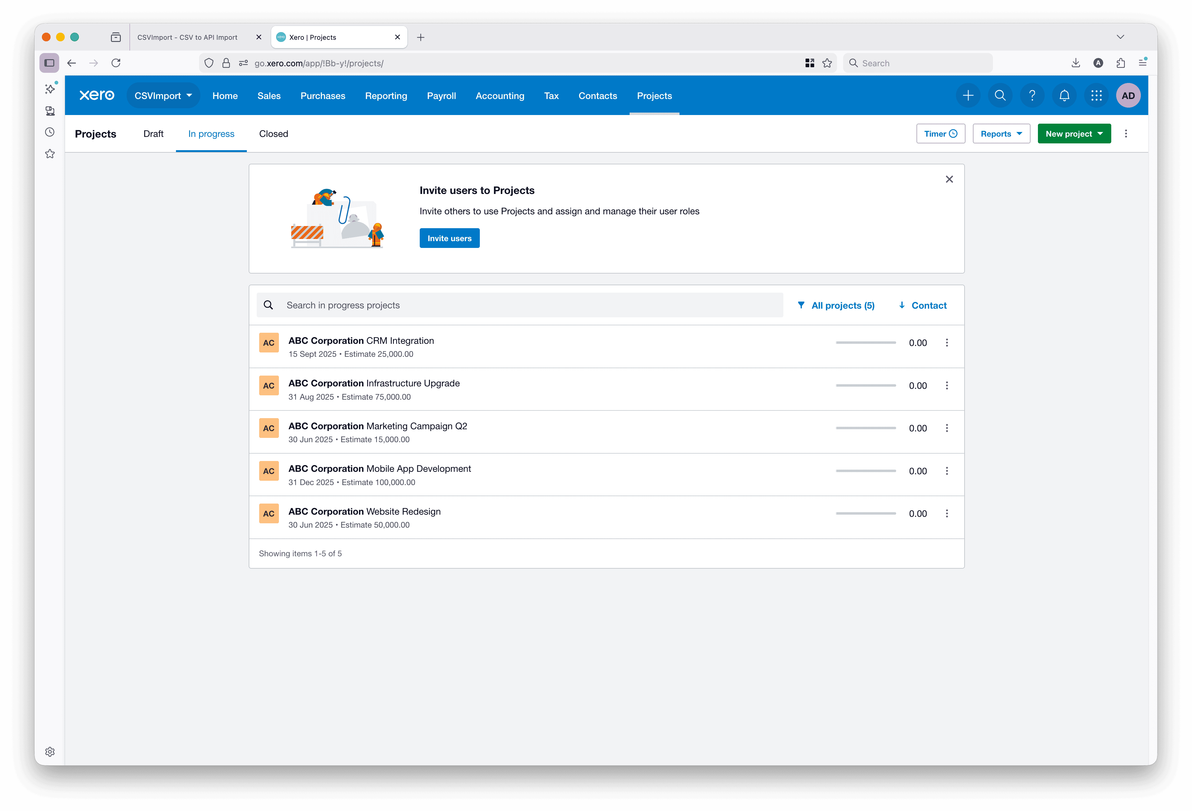 Xero Projects dashboard showing the three imported projects with their names, estimates, and deadlines